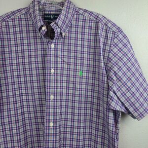 Ralph Lauren Men Classic Fit Plaid Short Sleeve Button Down Shirt Purple Medium